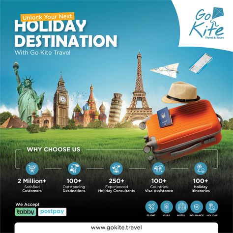 Looking for the ultimate vacation spot? Let Go Kite Travel take you on an unforgettable journey! From sun-kissed beaches to snowy mountain escapes, we've got the perfect holiday destination for everyone. Book now and start creating memories that will last a lifetime. 🏰🍹 Travel Promotion Design, Trip Poster, Travel Promotion, Travel Flyer, Travel Dubai, Web Design Ux Ui, Travel Ad, Travel Marketing, Travel Ads