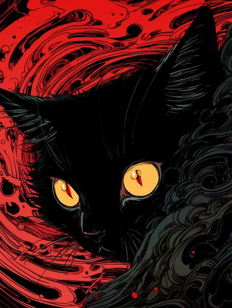 Black Cat With Yellow Eyes, Red Icons:), A Black Cat, Cat Icon, Dark Art Illustrations, Scary Art, Dessin Adorable, Yellow Eyes, Cool Art Drawings