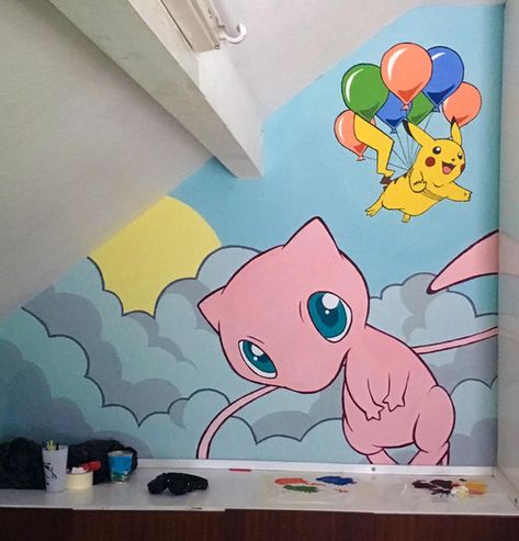 Pokemon Wall Painting Ideas, Pokemon Wall Painting, Pokemon Wall Mural, Pokémon Mural, Pokemon Mural, Pokemon Nursery, Pokemon Room, Nursery Rooms, Baby Room Themes