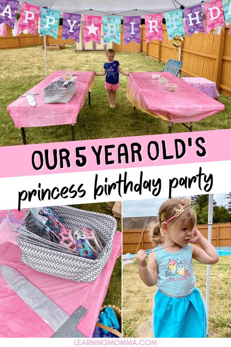 Our princess birthday party ideas for activities, decorations, food, and more! Read about our daughter's 5th birthday party with a princess theme. I'm sharing all about what supplies we purchased on a budget, food that we offered guests, crafts and other activities that we did, as well as how I made princess skirts for each guest at the party so they could all dress-up like princesses! Easy Princess Birthday Party, 4 Year Birthday Party Ideas Princess, Princess Dress Up Party Ideas, Disney Princess Birthday Activities, Backyard Princess Party, Diy Princess Party Ideas, Disney Princess Party Activities, Disney Princess Birthday Party Games, Princess Party Ideas Games