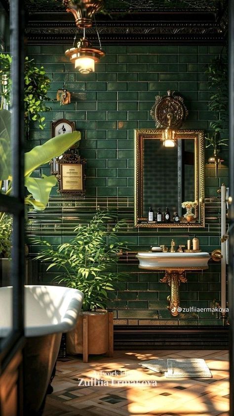 Bathroom Green Tiles Wall, Victorian Green Bathroom, Green Victorian Bathroom, Dark Green Shower Tile, Green Bathroom Vintage, Bathrooms Classic, Clawfoot Tub Ideas, Apartment Brooklyn, Bathroom Tile Design Ideas