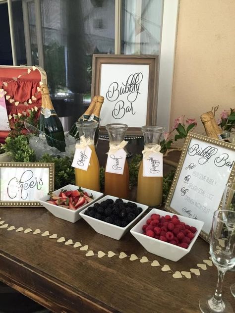 Bridal Shower Champagne Bar, Juice Display, Bridal Breakfast, Bubbles And Brews, Backyard Engagement Parties, Bridal Shower Champagne, Bar Signage, Bubble Bar, Bubbly Bar