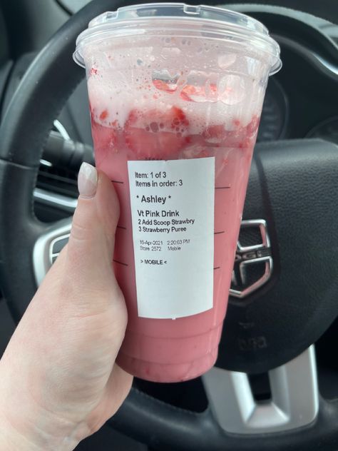 Ordered the pink drink with an extra scoop of strawberries and added in three strawberry puree!! So yummy!! 💕♥️🍓 Starbucks Birthday Drink, Pink Drink Starbucks, Starbucks Birthday, Cold Starbucks Drinks, Starbucks Strawberry, Starbucks Drinks Diy, Secret Starbucks Recipes, Iced Starbucks Drinks, Secret Starbucks Drinks