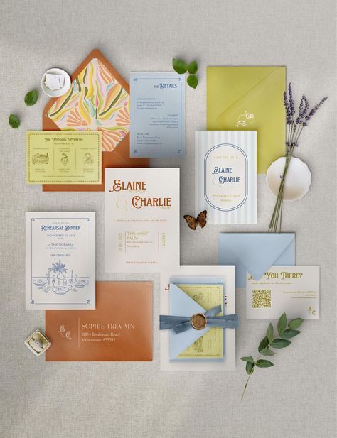 At BlocksDesignCo, each Wedding Invitation Suite is crafted with a passion for creating designs that surpass the last. And this Invitation Set features hand-drawn graphics and a palette of bright, summer tones, perfect for modern weddings with a retro touch.   I had a blast designing this Set (especially the Envelope Liner) and I hope you like it as much as I had fun designing it! :)  Customize the colors, fonts, and wording to perfectly reflect your love story and wedding theme! WHAT YOU'LL GET Classy Wedding Palette, Vermont Wedding Invitations, Retro Summer Wedding, Color Palette Wedding Invitation, Scalloped Wedding Invitations, Retro Wedding Colors, Wedding Invitation Suite Ideas, Sustainable Wedding Invitations, Colorful Wedding Invitation Suite