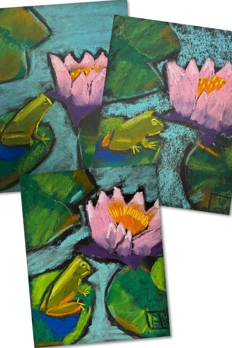 These chalk pastel lillypads and frogs were created on black paper. They were inspired by the chorus of Spring frogs outside the art studio. Follow for more art ideas for kids! Acorn Art Projects, Elementary Art Kindergarten, Art With Black Paper, Chalk Pastel On Black Paper, Chalk Art Paper, Artist Inspired Art For Kids, Summer Art Projects For Kids Elementary, Spring Art Ideas For Kids, Chalk Pastel Art For Kids