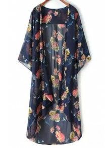 Floral Print Collarless Bat-Wing Sleeve Chiffon Blouse - Purplish Blue L Chiffon Kimono Cardigan, Beach Sunscreen, Loose Kimono, Crane Print, Chiffon Cardigan, Mode Kimono, Chiffon Kimono, Women Flower, Long Kimono