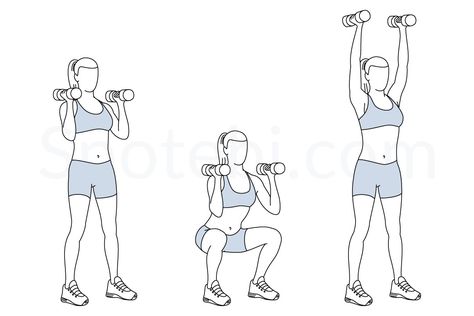 Dumbbell thrusters exercise guide with instructions, demonstration, calories burned and muscles worked. Learn proper form, discover all health benefits and choose a workout. Dumbbell Thrusters, Aerobic Fitness, Hip Flexor Exercises, Push Workout, Six Pack Abs Workout, Back Fat Workout, Abs Workout Video, Calories Burned, Side Lunges