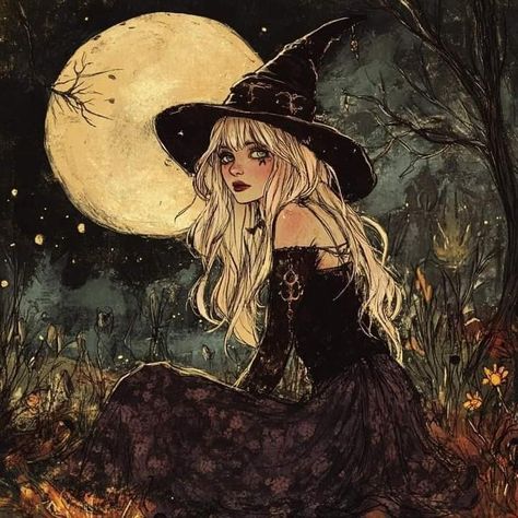 Witch And Cat Drawing, Witch Fairy Aesthetic, Modern Witch Character Design, Blonde Witch Art, October Pfp, Beautiful Witch Art, Witch In Forest, Witchy Academia Aesthetic, Witch Illustration Art