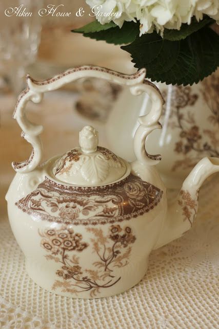 Aiken House & Gardens: Brown & White Transferware Tablescape Transferware Tablescape, Autumn Cottage, House Gardens, Brown Transferware, Good Week, Tea Pots Vintage, Chocolate Pots, China Patterns, Antique China