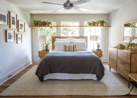 How To Place Your Bed In Front Of A Window • One Brick At A Time Bed Frames In Front Of Window, Bed In Front Of Large Window, Headboard Window Behind Bed, Bed In Front Of Door, 2 Window Bedroom Ideas, Master Bed In Front Of Window, Bamboo Shutters, Bed Infront Of A Window, Beds In Front Of Windows Ideas