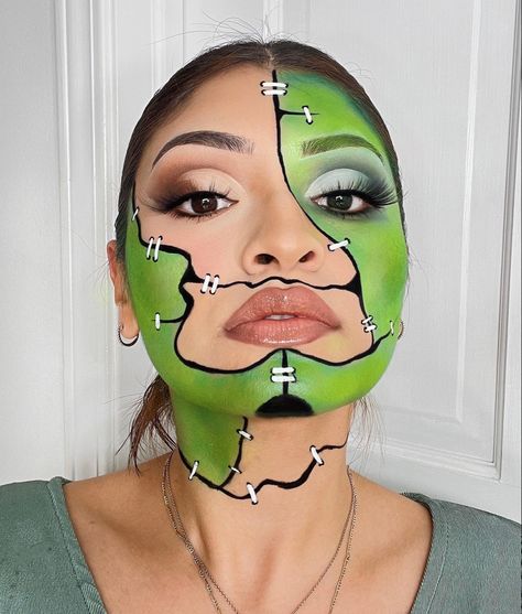 Frankenstein Makeup Female Easy, Girl Frankenstein Makeup, Cute Frankenstein Makeup, Frankenstein Makeup Female, Frankenstein Face Paint, Frankenstein Costume Monster High, Frankenstein Halloween Makeup, Frankenstein Monster Costume, Frankenstein Monster Makeup