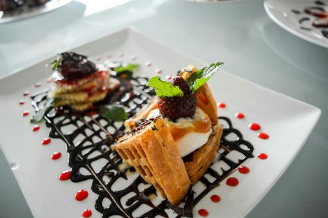 waffles. desserts. plating Waffle Plating Presentation, Waffle Plating Ideas, Waffle Plating, Plating Presentation, Dessert Waffles, Plating Ideas, Mini Cakes Birthday, Presentation Ideas, Awesome Food