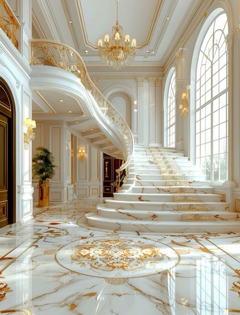 Modern Castle Interior, Modern Classic Living Room, Luxury Staircase, Foyer Ideas, Castles Interior, Luxury House Interior Design, Grand Foyer, Classic Living Room, Mansion Interior