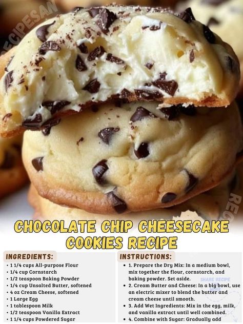 Recipes With Butter, Cheap And Easy Desserts, Chocolate Chip Cheesecake Cookies Recipe, Preppy Food, Sweet Snacks Easy, Fruit Smoothie Recipes Healthy, Homemade Cookbook, Food Bars, Chocolate Chip Cheesecake