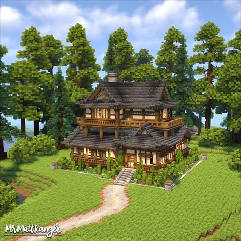 Spruce And Deep Slate House Minecraft, Birch Wood Minecraft House, Samurai House Minecraft, Minecraft Japanese Courtyard, Minecraft Estate House, Minecraft Workstation Ideas, Cabin In The Woods Minecraft, Asian Style Minecraft House, Cool House Ideas Minecraft