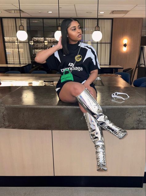 Sliver Boot Outfit, Silver Heels Outfit Black Women, Silver Thigh High Boots Outfit, Silver Knee High Boots Outfit, Silver Metallic Boots Outfit, Silver Boots Outfit Black Women, Outfit With Silver Boots, Knee High Boots Outfit Black Women, Silver Outfit Black Women