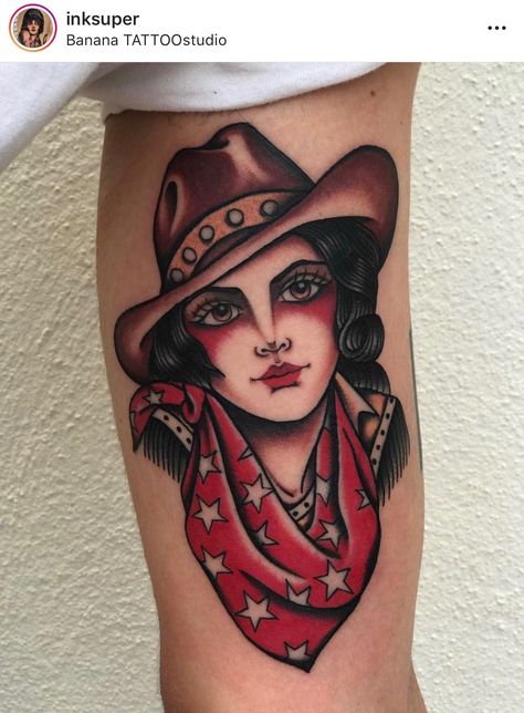 Traditional Tattoo Face, Traditional Tattoo Girls, Traditional Tattoo Woman, Face Tattoos For Women, Cowgirl Tattoos, Cowboy Tattoos, Country Tattoos, Girl Face Tattoo, Western Tattoos