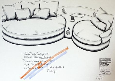 Network 2441, circa 2012 my latest. Large oval sofa with a centre sound hub and circular swivel chair. Oval Sofa, Site Plan Design, Name Design Art, Sofa Drawing, Interior Design Sketchbook, Chair Drawing, Interior Design Principles, Furniture Sketch, Furniture Design Sketches