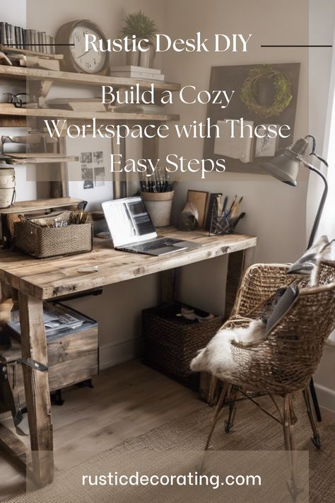 rustic desk with brown reclaimed wood Diy Rustic Desk Home Office, Rustic Desk Ideas, Rustic Farmhouse Office, Rustic Workspace, Cozy Office Space, Distressed Wood Furniture, Pallet Desk, Diy Steps, Cozy Workspace