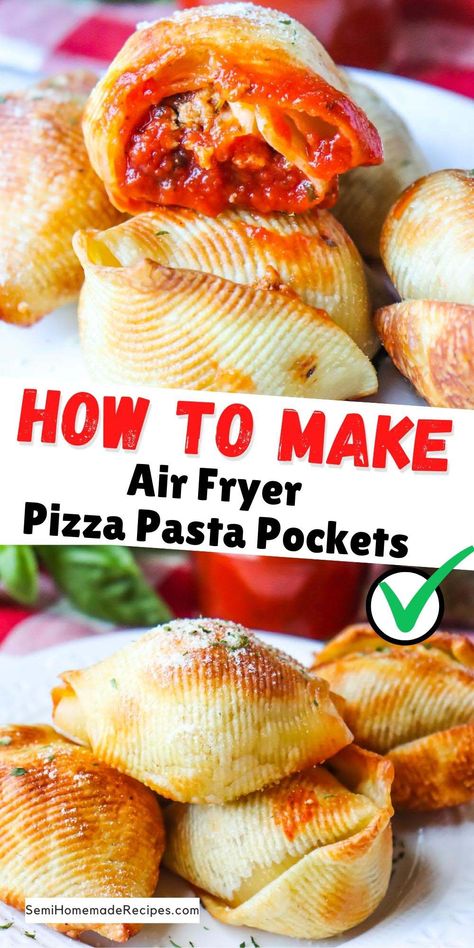 Air Fryer Pizza Pasta Pockets - Crispy Shells stuffed with ground beef or ground turkey, pizza sauce and fresh mozzarella pearls! Top these Pizza pockets with parmesan cheese and parsley before dunking them into pizza sauce for a great appetizer, dinner or snack! Ground Turkey Pizza, Jumbo Shell Recipes, Turkey Pizza, Appetizer Dinner, Pockets Recipe, Air Fryer Pizza, Shells Stuffed, Fried Pasta, Shell Pasta Recipes