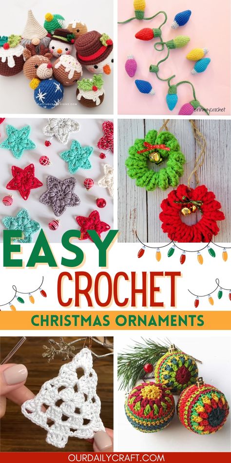 Crochet Christmas Ornaments - Patterns to Make - Our Daily Craft Beginner Christmas Crochet Projects, Diy Ornaments Crochet, Crochet New Year Decoration, Fast Crochet Ornaments, Small Xmas Gift Ideas Easy Diy, Crochet Granny Ornaments, Crochet Ornaments Christmas Easy Diy, Xmas Crochet Ornaments, Simple Crochet Snowflake Pattern