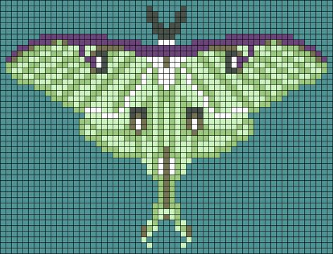 Luna Moth Perler Bead Pattern, Luna Moth Cross Stitch Pattern Free, Luna Moth Alpha Pattern, Luna Moth Pixel Art, Lunar Moth Pixel Art, Luna Moth Perler Beads, Moth Grid Pattern, Moth Cross Stitch Pattern Free, Pixel Dragon Art