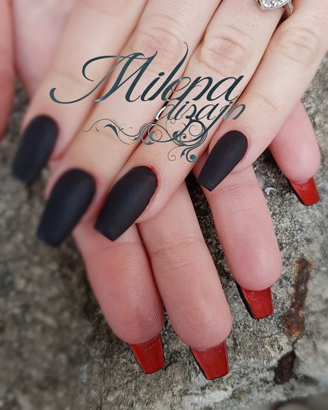 Matte Black Nails Red Bottoms, Matte Black Red Bottom Nails, Matte Black And Red Nails, Black Nails Red Bottoms, Black Red Nails Design, Nails Black And Red, Red Nails Design, Red Bottom Nails, Cherry Red Nails