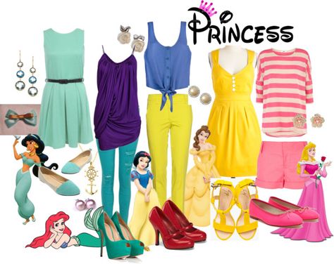 "Disney Princess Casual"  Really cute spring outfits. Ariel's outfit  <3 Modern Day Disney Princesses Outfits, Disney Princesses Outfits, Modern Day Disney Princesses, Disneybound Outfits Casual, Princesses Outfits, Disneyland Fashion, Modern Day Disney, Disney Bound Outfits Casual, Disneybound Outfits