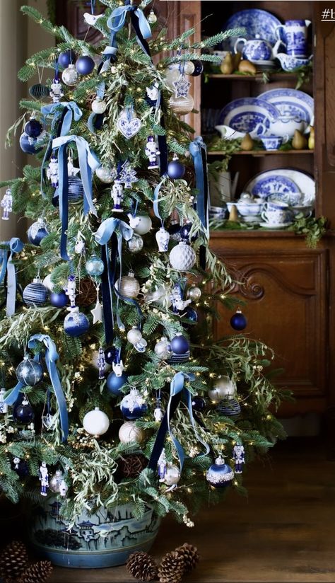 Christmas Tree Blue And Green Decor, Elvis Blue Christmas Theme, Blue Chinoiserie Christmas Tree, Blue And White Tree Christmas, Hanukkah Christmas Tree, Latest Christmas Tree Trends 2024, Blue White Gold Christmas Tree, French Blue Christmas Tree, Greek Christmas Decorations