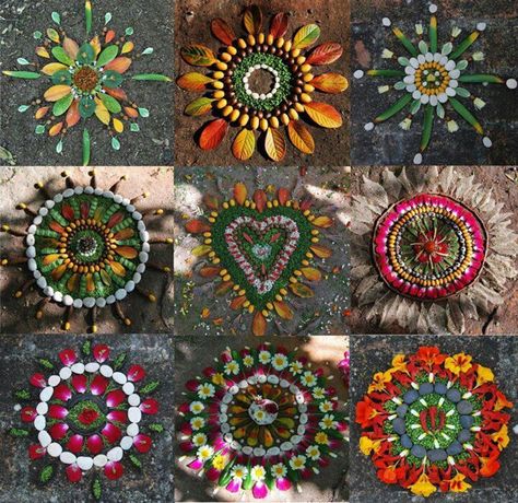 Las posibilidades cambian con las estaciones del año. Otoño y Primavera tienen más colores, pero el resto del año también tiene su gracia. Land art Nature Mandala, Ephemeral Art, Earth Art, Fall Art, Camping Art, Nature Crafts, Mandala Drawing, Outdoor Art, Leaf Art