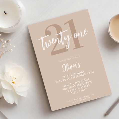 $2.93 | Modern Tan Brown Elegant 21st Birthday - 21st birthday, modern, elegant, 21st, simple, chic, minimalist, birthday invitation, typography, tan brown Elegant 21st Birthday, 21st Invitations, 21st Decorations, 21st Birthday Themes, 26 Birthday, 77th Birthday, Minimalist Birthday, 21st Bday Ideas, 21 Diner