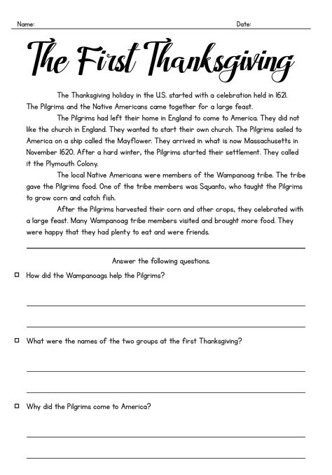 Printable Thanksgiving History Worksheets for Middle School Thanksgiving Worksheets Middle School, Thanksgiving Art For Middle School, November Worksheets, Thanksgiving Activity Sheets, History Of Thanksgiving, Worksheets For Middle School, History Printables, Thanksgiving History, Thanksgiving Worksheets