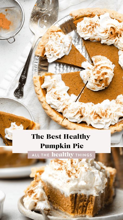 The best Healthy Pumpkin Pie with a perfectly creamy and delicious filling that is SO EASY to make. This healthier version of traditional pumpkin pie is naturally sweetened with pure maple syrup, dairy free, and can easily be made gluten free so that everyone can enjoy a slice! Crustless Pumpkin Pie Recipe, Healthy Pumpkin Pie, Dairy Free Pumpkin Pie, Sugar Free Pumpkin Pie, Healthy Pies, Crustless Pumpkin Pie, Healthy Pumpkin Pies, Best Pumpkin Pie, Traditional Pumpkin