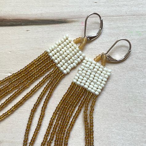 One Of A Kind Handwoven Seed Bead Earrings Featuring: All Glass Seed Beads Vintage French Cream Beacon Square Vintage Shiny Disco Gold Fringe Marbled Hay Band Lightweight + Fine Quality Sterling Silver Plated Leverbacks Handwoven On High Tenacity Nylon Approx 3.5" Long Approx 0.75" Wide Brand: Www.Karlymortensen.Com Vintage + Modern Glass Seed Beads Handwoven In Denver, Colorado Ready To Ship Featured With Glass Chunkies Necklace - Listing Is For Earrings Only Shop My Boutique To See All Handmad Turquoise Chandelier, Pearl Earrings Handmade, Handwoven Earrings, Marcasite Earrings, Beautiful Stud Earrings, Sterling Silver Drop Earrings, Statement Drop Earrings, Brick Stitch Earrings, Onyx Earrings