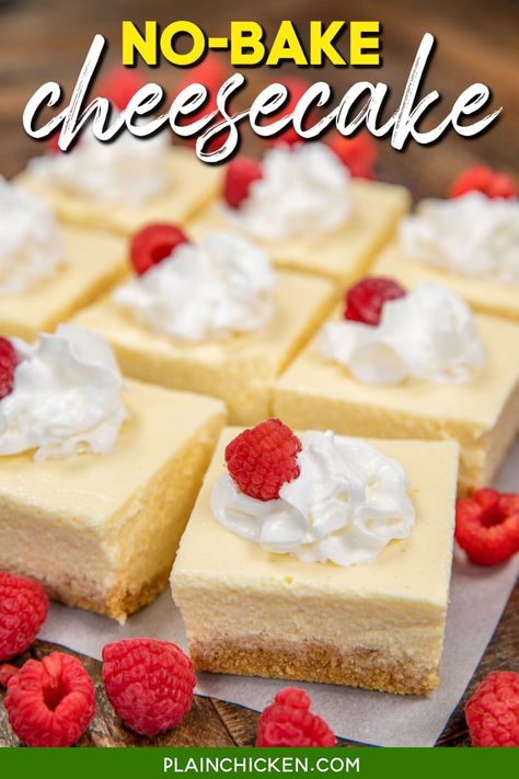 Easy No-Bake Cheesecake Recipe - super easy to make with only a few ingredients and tastes great! SO light and fluffy. I could eat the whole thing myself! Graham cracker crumbs, sugar, butter, cream cheese, milk, pudding mix, and vanilla extract. Can make in advance and refrigerate or freeze for later. Great for cookouts and potlucks. Can easily double or triple for a crowd! Coconut Cream Pie Recipes, Frozen Cheesecake, Lemon Pound Cake Recipe, Easy No Bake Cheesecake, Cream Cheese Desserts, Cheesecake Pudding, Homemade Cheesecake, Baked Cheesecake Recipe, Plain Chicken