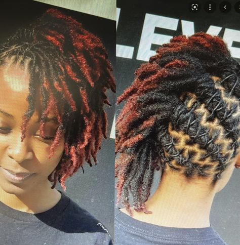 Dreads With Color Black Women, Short Loc Color Ideas Black Women, Dread Styles For Short Hair, Barrel Twist Locs Women Half Up Half Down, Elegant Short Loc Styles, Mid Length Loc Styles For Women, Starter Locks Black Women, Loc Styles To The Side, Short Starter Loc Styles For Women Updo