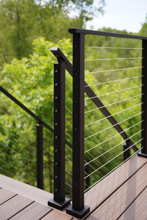 Upgraded Overlook with Express Cable Railing - Viewrail Modern Staircase Railing, Modern Staircases, Stainless Steel Cable Railing, Glass Railing System, Modern Railing, Wood Handrail, Cable Railing Systems, Floating Stairs, Live Oak Trees