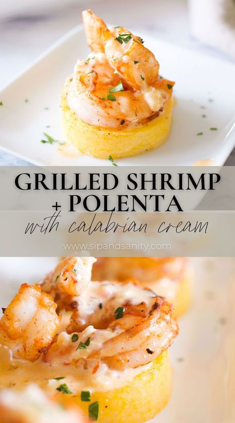 Grilled Shrimp + Polenta with Calabrian Chili Cream Sauce requires little effort but makes a big impact! It’s an quick, easy and delightfully delicious appetizer…everyone will think you’re so fancy! When you pair ‘shortcut’ polenta with quick-cooking shrimp, and a spicy sauce that comes together in mere minutes, you’ve got an elevated appetizer that will wow your guests (with nary a bead of perspiration forming on your brow)! Shrimp Amuse Bouche, Garlic Shrimp Crostini With Avocado, Bbq Shrimp Appetizer, Prawn Appetizers Fine Dining, Shrimp And Polenta Cakes, Shrimp Shooters Appetizers, Elegant Seafood Appetizers, Thanksgiving Shrimp Appetizer, Polenta Bites Appetizers