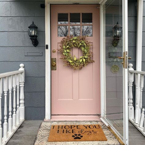 Pastel Pink Front Door, Rose Pink Front Door, Colourful Front Door Ideas, Pink Door Grey House, Dusty Rose Front Door, Blush Front Door Paint Colors, Pink Front Door Blue House, Lavender Front Door Paint Colors, Mauve Front Door Colors