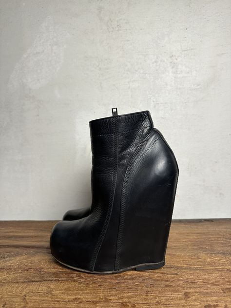 Rick Owens Rick Owens Black Leather Wedge Platform Ankle Boot | Grailed Rick Owens Dark Shadow Shoes, Rick Owens Wedge Boots, Rick Owens Campaign, Rick Owens Women Outfits, Rick Owens Outfit Women, Rick Owens Heels, Rick Owens Womenswear, Rick Owens Dark Shadow, Rick Owens Outfit