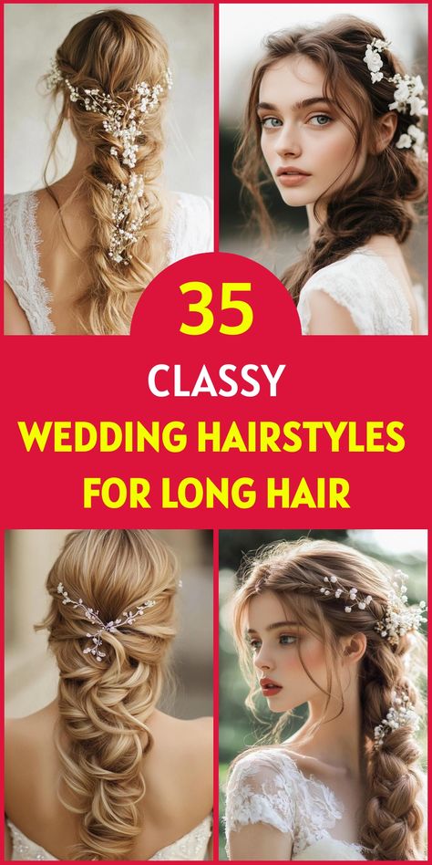 Unlock the full potential of your long hair with exquisite wedding hairstyles that inspire awe. Uncover 35 gorgeous options perfect for brides who want to make a statement. From intricate braided designs to voluminous curls, these styles offer a perfect blend of romance and sophistication. Find the ideal look to complement your features and create lasting memories. Side Swept Braided Hairstyles, Romantic Ponytail Hairstyles, Side Braid Wedding, Romantic Wedding Hairstyles, Braided Designs, Bridal Hair Ideas, Classic Bun, Timeless Hairstyles, Romantic Waves