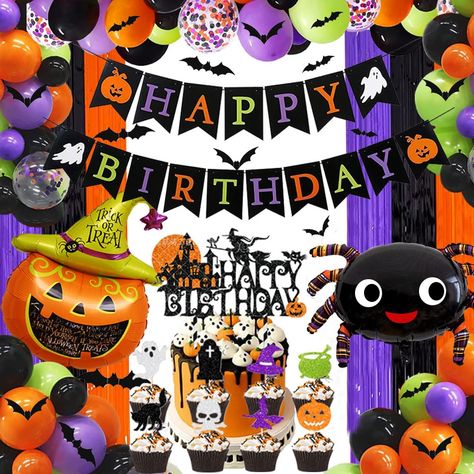 PRICES MAY VARY. 【Package includes】a happy Halloween birthday banner, a pair of foil curtains made of purple, orange and black, 50 latex balloons of different colors, 2 Halloween foil balloons, a pack of glitter cake inserts, a spider cotton and 12 Bats of different sizes. Great value, you can decorate your Halloween birthday party as much as you want! 【High Quality】Our Halloween balloons are made of high quality natural latex and aluminum foil, the color is full and bright, not easy to burst. H Ghost Theme Party, Halloween Birthday Decorations, Happy Birthday Halloween, Kids Halloween Birthday Party, Halloween Birthday Cake, Halloween Theme Birthday, Halloween Birthday Party Decorations, Halloween Themed Birthday Party, Halloween Birthday Cakes