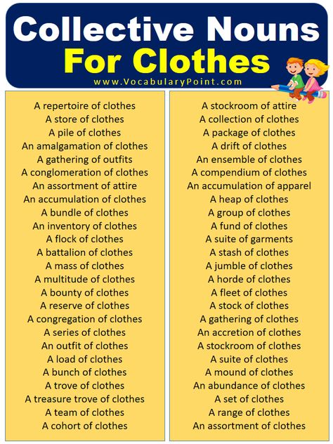 When it comes to describing a group of clothes, we often find ourselves using the term wardrobe or simply referring to them as clothing. However, did you know that there are specific collective nouns for clothes? These unique terms not only add a touch of creativity and elegance to our language, but also provide a ... Read more The post Collective Nouns For Clothes (With Meaning and Examples) appeared first on Vocabulary Point. Spring Collection Fashion, Style Chart, Collective Nouns, Boutique Display, Key Words, Matching Costumes, Charity Organizations, Fashion Vocabulary, With Meaning