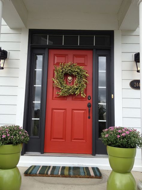 black trim red door.  Next paint color for house, white with black trim, red shutters and door.  Classic Red Door House, Red Shutters, Unique Front Doors, Front Door Decal, Best Front Doors, Red Front Door, Black Shutters, Front Door Paint Colors, Door Colors