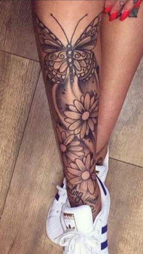 Tattoo perna Female Arm Tattoos, Butterfly Leg Tattoos, Flower Leg Tattoos, Tattoo Perna, Lower Leg Tattoos, Shin Tattoo, Full Leg Tattoos, Skeleton Hand Tattoos, Omerta Tattoo