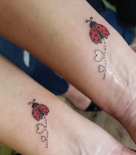 Ladybug Friendship Tattoo, Infinity Tattoo With Ladybug, Mother Daughter Ladybug Tattoo, Ladybug Tattoo Matching, Strawberry And Ladybug Tattoo, Mom And Daughter Ladybug Tattoos, Dainty Tattoos Mom, Cartoon Ladybug Tattoo, Ladybug Hand Tattoo