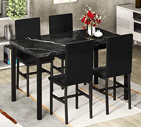 AWQM Faux Black Marble Dining Table with 4 Upholstered Chairs, 5-Piece Dining Room Table Set for Small Space, Breakfast Table Bar Table and Chairs Set for 4, Home & Kitchen Sets Black Kitchen Table And Chairs, Faux Black Marble, Black Marble Dining Table, Black Kitchen Table, Faux Marble Dining Table, Compact Furniture, Dining Room Table Chairs, Marble Dining Table, Dining Room Table Set