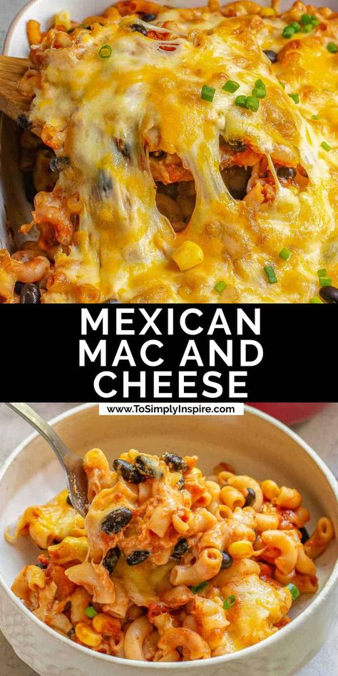 Mexican Mac and cheese is a homemade taco mac with a twist of traditional mac and cheese.  It's an easy dinner to make with simple ingredients of macaroni, beans, corn, tomatoes, and plenty of cheese, it's a perfect hearty meal for a busy nights! Easy Dinner To Make, Mexican Mac And Cheese, Skillet Mac And Cheese, Taco Mac, Taco Mac And Cheese, Macaroni And Cheese Casserole, Best Macaroni And Cheese, Best Mac And Cheese, Beef Casserole Recipes