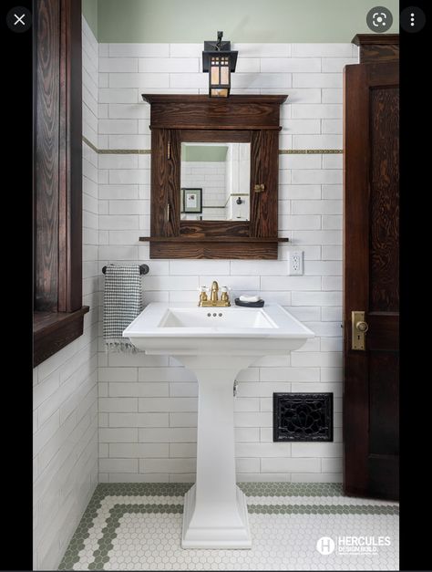 Small Historic Bathroom, Bathroom Remodel Craftsman, Craftsman House Bathroom Ideas, Craftsman Bathroom Decor, Craftsman Shower Ideas, Craftsman Bathroom Floor Tile, 1920 Bathroom 1920s Style Vintage, Vintage Craftsman Bathroom, Craftsman Home Bathroom