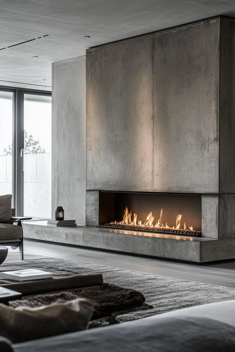 u1942658271_A_chic_modern_living_room_with_a_linear_fireplace_5ce76739-9577-408d-8759-f5497736ec0d_0 Mid Room Fireplace, Concrete Bench Fireplace, Modern Fireplace Wall Living Room, 2 Story Fireplace Ideas, Modern Linear Fireplace, Huge Fireplace, Modern Fireplace Ideas, Curved Fireplace, Modern Fireplaces